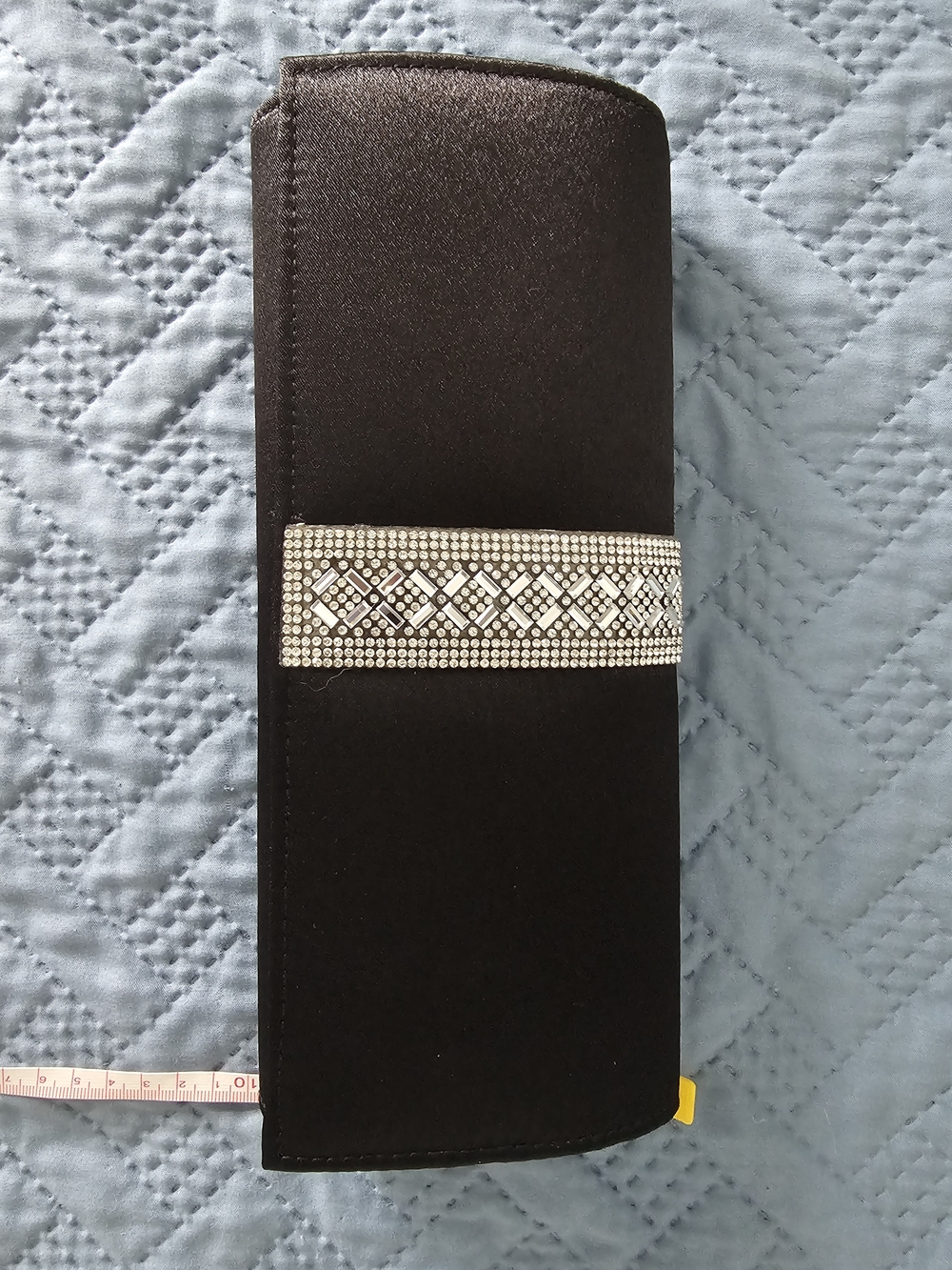 Black Satin Clutch with Silver Rhinestone Band